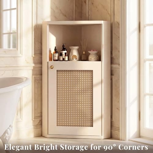 Corner Storage Cabinet for Bathroom, Small Triangle Cabinet with Rattan Doors, 750kg/m³ High-Density MDF Organizer, 90° Narrow Floor Cabinet with Adjustable Shelves, Anti-Tip Farmhouse Accent Unit - Thumbnail 3