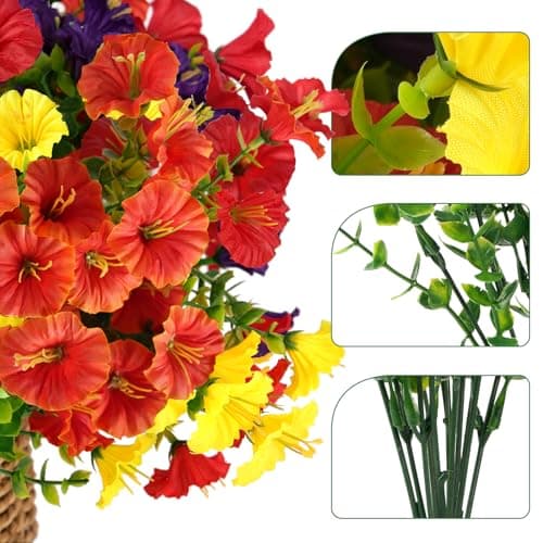 maxkes Artificial Flowers for Outdoors, UV Resistant Fake Silk Morning Glory, Realistic Faux Plants for Outside Porch Patio Window Box Hanging Planter (16, Orange) - Thumbnail 3