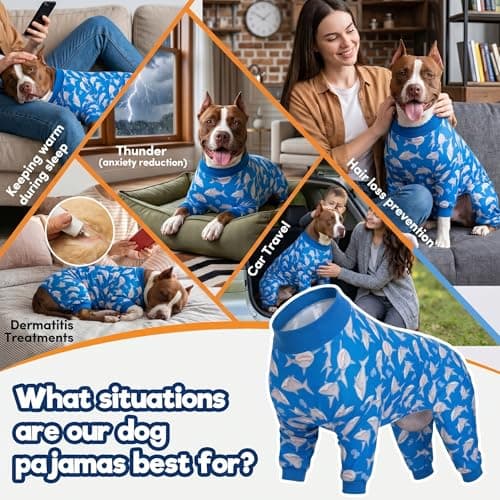 LovinPet Large Dog Pjs, UV Protection, Pet Anxiety Relief Onesies, Lightweight Stretchy, Blue Shark Print, Undershirt for Dog Sweaters and Coats, Large Breed Husky Pajamas, Pet PJ's/L - Thumbnail 5