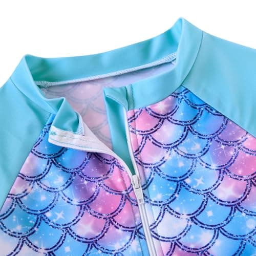 Funnycokid 3T 4T Swimsuit Kids Little Girls Mermaids Blue Bathing Suit Ruffle Rashguard Sets Swimwear Sun Protection Long Sleeve 3 Piece Swimming - Thumbnail 4