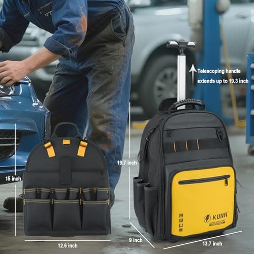 KUNN Rolling Tool Backpack with Wheels, Heavy Duty Waterproof Wheeled Tool Bag, 47 Pockets & Loops Work Backpack for Electrician Construction HVAC, Yellow - Thumbnail 5