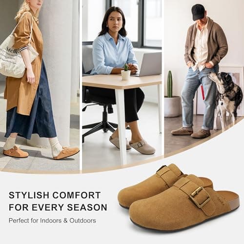 Stelle Suede Clogs for Women Men Potato Shoes with Arch Support Leather Cork Footbed Mules Slip on Home Slippers(Caramel,6) - Thumbnail 6