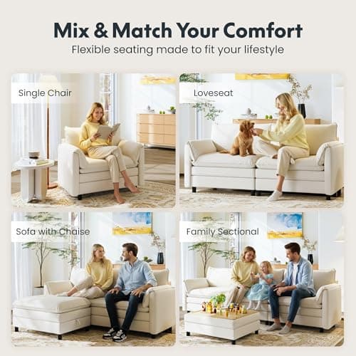 FLEXISPOT SF6 L-Shaped Cloud Sectional Couch with Storage Ottoman, 3-Seater Modular Sectional Sofa, 100.4" Wide Comfy Upholstered Sofa Couch for Living Room Apartment, Chenille White - Thumbnail 4