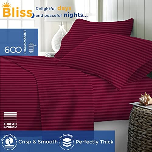 THREAD SPREAD Striped Egyptian Cotton Sheets Twin XL Size - 600 Series Bliss Collection Damask Twin XL Sheets Deep Pockets (3 PC, Burgundy Stripe), Sateen Dorm Bedding, Fits Mattress Upto 18" - Thumbnail 2