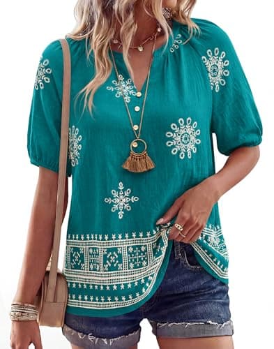 BTFBM Womens Summer Tops Boho V Neck Short Sleeve Dressy Casual Business Blouses Flowy Floral Print Shirt Trendy 2026(Floral Lake Blue White, Large) - Image 1