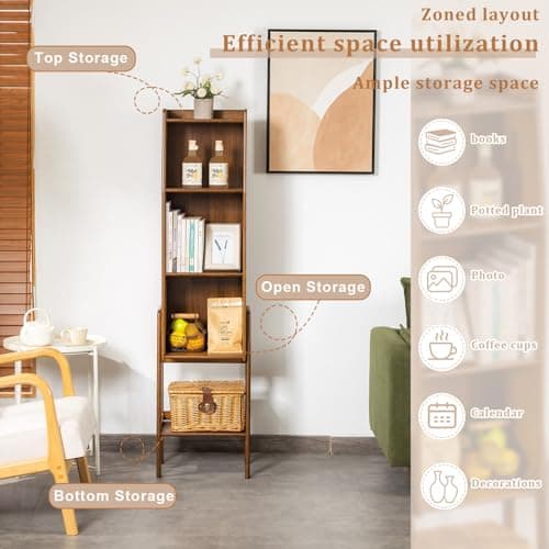 ABAMFUR 4-Tier Bamboo Bookshelf - Wood Bookcase Organizer with Open Shelves for Living Room & Home Office-Walnut Large - Thumbnail 3