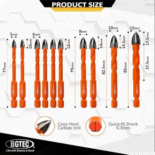 BGTEC Masonry Drill Bits, 10pcs 5MM*2+6MM*4+8MM*2+10MM+12MM Tungsten Carbide Tip Tile Drill Bit Set for Ceramic Tile, Brick Wall, Masonry, Concrete, Glass, Plastic and Wood Quick-fit Hex Shank - Thumbnail 2