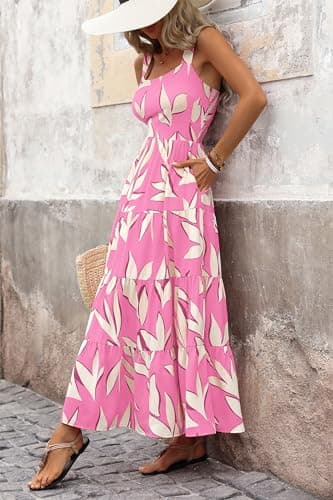PRETTYGARDEN Women's Summer Floral Maxi Dress Sleeveless Smocked Ruffle Long Flowy Beach Vacation Boho Sundresses (Floral Pink Beige,X-Large) - Thumbnail 6
