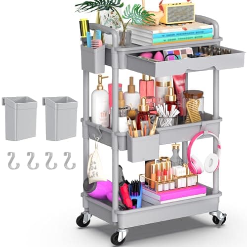 Goovilla 3 Tier Rolling Utility Cart Organizer with Removable Drawer, Stable and Sturdy Grey Rolling Storage Carts with 2 Lockable Wheels for Bathroom, Kitchen, Snack, Craft, Makeup, Baby Essentials - Image 1