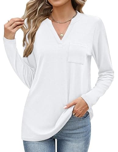 Misakia Long Sleeve Tunic Tops for Women V Neck Dressy Casual Shirts With Pocket Loose Fit 2025 C-white - Image 1