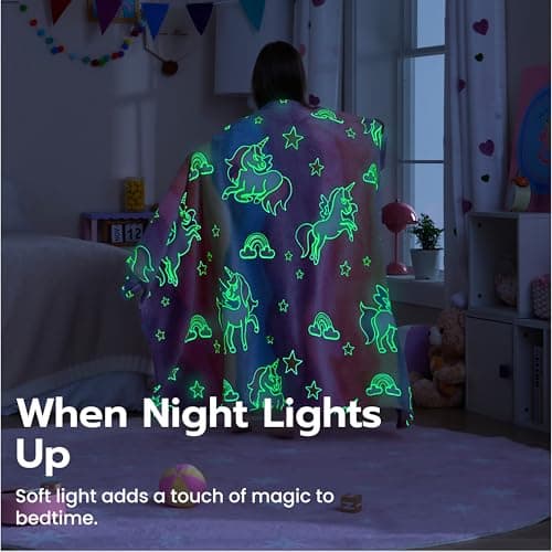 Joiedomi Glow in The Dark Blanket - Unicorns Gifts Toys for Girls Age 2 3 4 5 6 7 8 9 10 11 12 Year Old - Soft Cozy Flannel Kids Throw Blanket, Birthday Bedroom Decor 50"×60" - Thumbnail 2