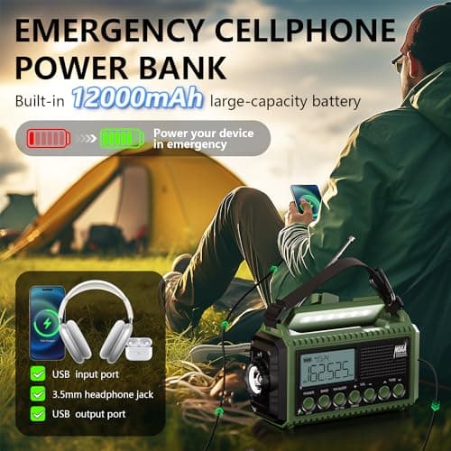 NOAA Emergency Radio with Auto Weather Alerts - 12000mAh Solar Hand Crank Weather Radio, 6 Power Sources, Bright LCD Digital Tuning, AM/FM/SW Receiver, SOS Alarm & Power Bank for Home Camping Survival - Thumbnail 5