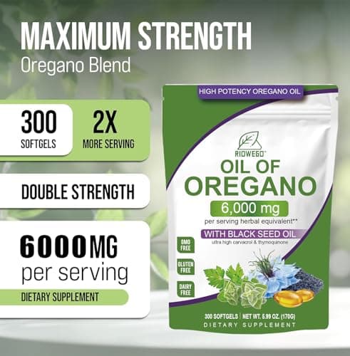 RIOWEGO Oil of Oregano Softgels with Black Seed Oil, 6000mg High Potency Oregano Oil Capsules for Immune Support, Gut Function Support, Carvacrol & Thymoquinone, Non-GMO, Gluten Free, 300 Softgels - Thumbnail 3