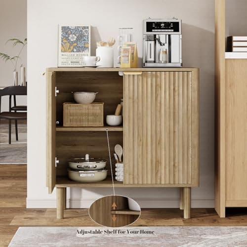 IKALIFE Sideboard Buffet Cabinet with Storage, Modern Fluted Accent Credenza with Doors & Adjustable Shelves, Wood Coffee Bar Console Table for Living Room, Dining Room, Kitchen or Entryway 31.5" Oak - Thumbnail 4