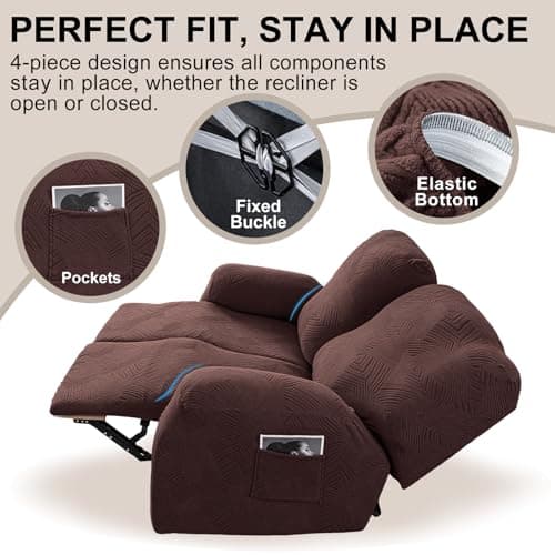 Cushonix Recliner Loveseat Covers,4-Piece Stretch Geometric Strokes Jacquard Reclining Chair Slipcovers,Furniture Protector with Side Pocket,Soft Breathable Couch Cover,2 Seater Chocolate - Thumbnail 4