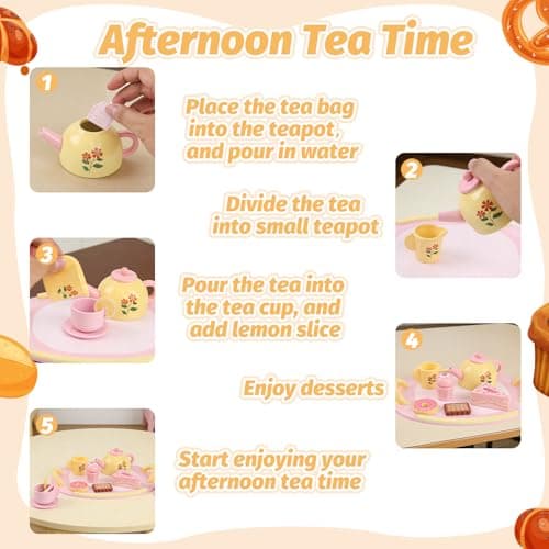 Tea Party Set Wooden Tea Sets for Toddlers 3-5 Play Food Pretend Play Toys Kids Tea Set for Girls 6-8 Birthday Gift Wooden Tea Party Set for Little Girls 3 4 5 6 Years Old Outdoor Tea Time Game - Thumbnail 4