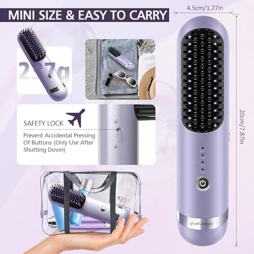 Cordless Hair Straightener Brush, 2 in 1 Curling & Straightening Brush with 200 Million Negative Ions, Mini Travel Hot Straightener Comb for Women, Fast Heating & Dual Voltage - Thumbnail 2
