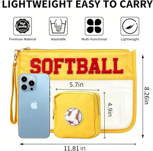 4EVERHOPE 2 Pcs Softball Gifts Cosmetic Bags, Makeup Bag With Chenille Letters, PVC Travel Toiletry Organizer for Stadium, Sports Events, Team Gifts (Softball-Yellow) - Thumbnail 4