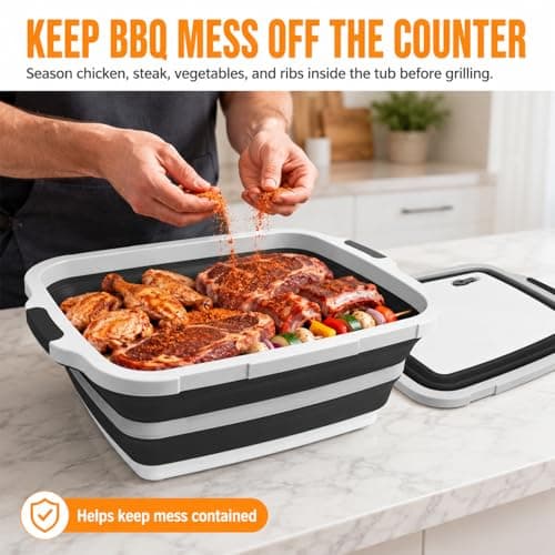 Collapsible BBQ Prep Tub with Cutting Board & Lid, Folding Food Container BPA-Free Heavy-Duty, Dishwasher Safe, Upgraded Drain Hole - for Camping, Grilling Outdoor Cooking (Black, X-Large) - Thumbnail 2
