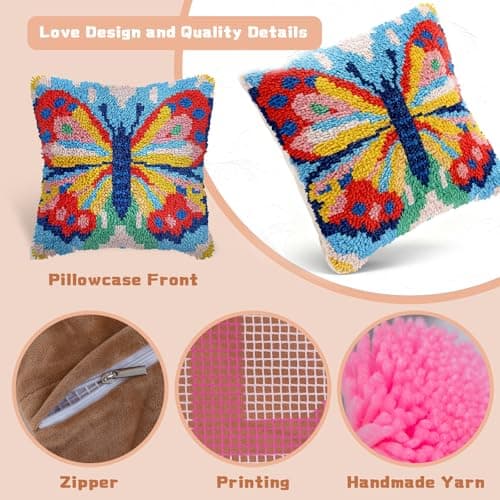 Miaceito Pre-Printed Butterfly Latch Hook Pillow Kits for Adults Beginners, DIY Latch Hook Kits Includes Wooden Hook to Make 17x17 Inch Home furnishings Sofa Decoration - Thumbnail 4