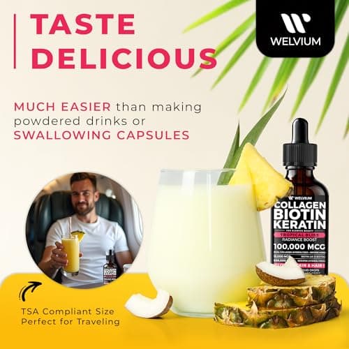 WELVIUM Liquid Biotin and Collagen Peptide Complex with Keratin, Hyaluronic Acid, MCT Oil, Zinc, Vitamins B6, B7, B12, A, C, D3, E - Hair, Skin, and Stronger Nails Supplement for Women and Men - Thumbnail 5