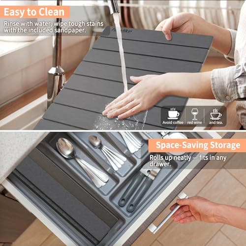 HotFox Dish Drying Mat for Kitchen Counter – Quick Dry Stone Drying Mat, Foldable Diatomaceous Earth Pad, Non-Slip Kitchen Sink Drying Mat, Large Fast Drying Stone Mat for Dishes, Coffee Maker, Grey - Thumbnail 3
