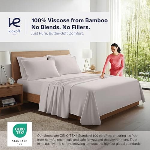 Kickoff Viscose Bamboo Sheets California King Size 4-pc 100% Organic Bamboo Viscose Bed Cooling Sheets Cal King Set Cool Bedding for hot Sleepers Sheet Set - Gift Ready Packaging (Light Grey, CK) - Thumbnail 3
