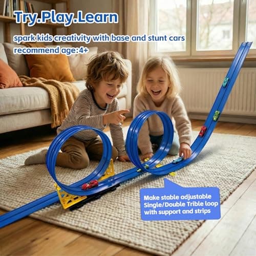 16.5 Ft Flexible Race Track for Kids - Compatible with Hot Wheels 1/64 Diecast Cars - Includes 8 Racing Cars & Super-Grip Gravity Ramp -Rollable Portable DIY Track Toy, Gift for Boys Girls 3-8, Blue - Thumbnail 2