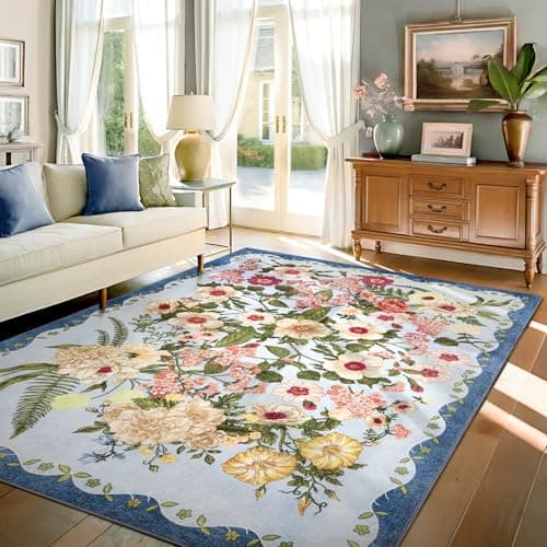 AREAMAY Floral Rug for Living Room - 4x6 Washable Area Rugs Non-Slip Soft Low-Pile Stain Resistant Carpet Unique Flower Print Vintage Indoor Rug for Bedroom Dining Room Office Nursery Room, Blue