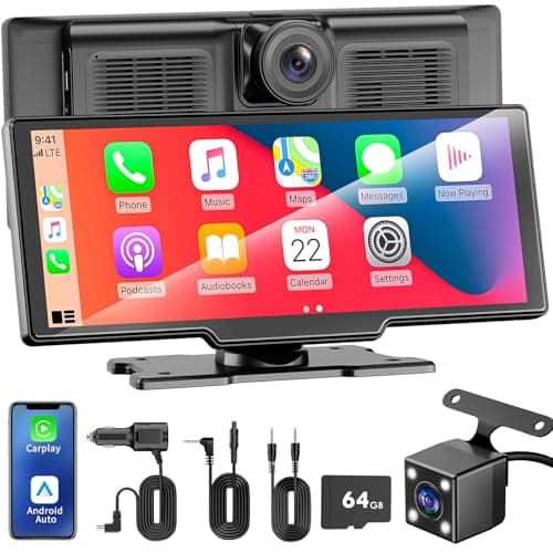 10.26" Apple Carplay Screen for Car, Wireless Portable Car Play & Android Auto HD Touch Screen, 4K Dash Cam, 1080P Backup Camera, Bluetooth 5.0, FM/Mirror Link/GPS Navigation, for All Vehicles - Image 1