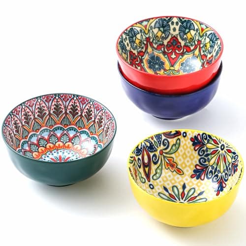 JINNTHE Bohemian Bliss 4.5-Inch Ceramic Bowls, Set of 4 - Colorful Dip Bowls, Salad Bowls, Snack Rice Bowls with Handcrafted Artisan Prints, Dishwasher & Oven Safe - Image 1