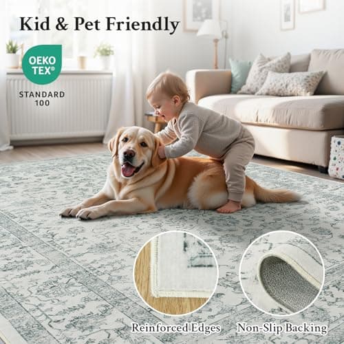 RUGVIGO Floral 8x10 Area Rugs for Living Room, Grey Vintage Washable Rug Distressed, Large Non-Slip Stain Resistant Aesthetic Carpet for Bedroom Nursery Home Office Dining Room - Thumbnail 4