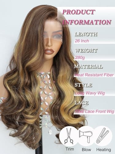 Barbique Synthetic Wig 13x6 Hd Lace Front 26 Inch Long Wavy Heat Resistant Fiber Deep Parting with Baby Hair Natural Hairline (1BT4P27) - Thumbnail 2