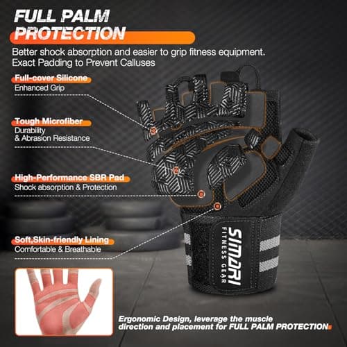 SIMARI Workout Gym Gloves for Men Women, Weight Lifting Gloves with Wrist Wrap Support, SBR Pad Grip for Full Palm Protection, for Exercise, Fitness, Dumbbells, Barbell, Climbing, Fingerless - Thumbnail 2