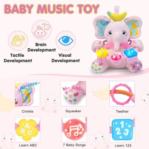 Ryotagift Baby Bilingual Musical Elephant Stuffed Animals Toys, Infant Early Learning Toy with Light-Up Music & Crinkle, Tummy Time Toys for 0 3 6 9 12+ Months for Baby Boy Girl Gift, Pink - Thumbnail 2