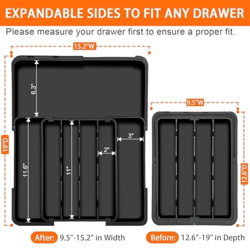 Spaclear Silverware Organizer - Expandable Kitchen Drawer Organizer, Utensil Drawer Organizer, Adjustable Plastic Flatware and Cutlery Holder, Kitchen Organizers Storage for Forks Knives, Black - Thumbnail 2