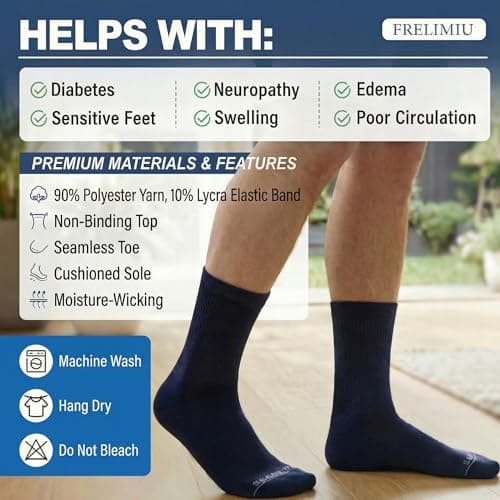 Frelimiu Diabetic Socks for Men, 4 Pairs Seamless Crew Socks with Non Binding, Soft Cushioned Sole Sock with Loose Top, Diabetes Sock Men for Neuropathy, lymphedema, Edema, Swollen Feet, 8-11(L) - Thumbnail 6