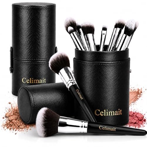 CELIMAIT Makeup Brushes Set with Travel Case, Soft Synthetic Bristles Makeup Brush Kit for Foundation Powder Blush Eyeshadow Concealer, Face Eye Brushes for Daily Use Travel Beginner Friendly, 12PCS