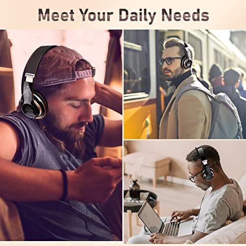 Falebare Bluetooth Headphones Over Ear, 6S Wireless Headphones Wired with 6 EQ Modes, 40 Hours Playtime Foldable HiFi Stereo Headset with Microphone, FM/TF for Cellphone/PC/Work (Black & Gold) - Thumbnail 3