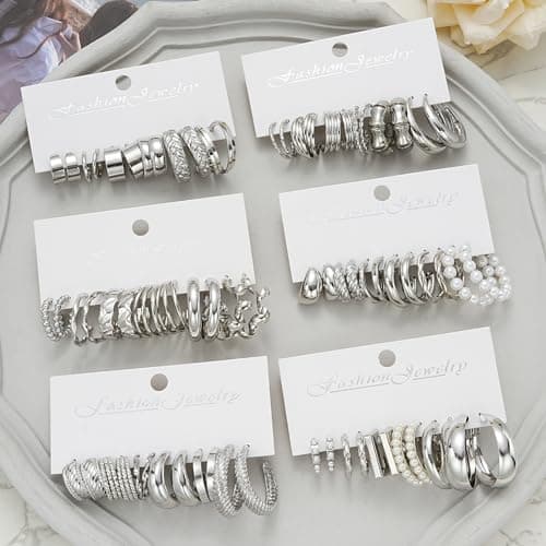 36 Pairs Gold Hoop Earrings Set for Women, Fashion Chunky Gold Hoop Earrings Multipack, Hypoallergenic Pearl Chain Twisted Statement Earring Pack for Birthday Party Jewelry - Thumbnail 6