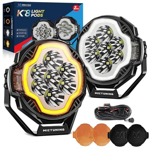 MICTUNING 5 Inch K8 Halo UltraSpot Pod Lights, White Amber Flowing Start-Up, Offroad Side Shooter Long Distance, IP68 Waterproof Driving Lamps, 2PCS/Pair