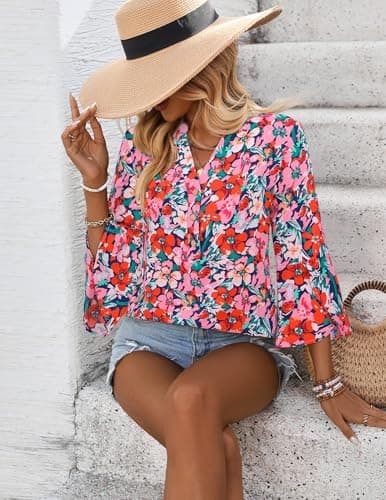 LOOKBOHO Boho Tops for Women 3/4 Sleeve Floral Blouses Casual Dressy Ruffle Sleeve Button V-Neck Business Shirts Pink L - Thumbnail 2