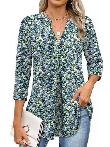ANRABESS Womens Tops Business Dressy Casual Blouses 3/4 Length Sleeve Shirts 2026 Fall Work Tunic Tee TShirts Office Outfits Blue Green Floral Small - Image 1