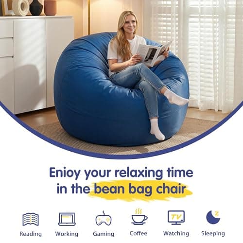 Cansunna 4FT Bean Bag Chairs,Comfy Beanbags Giant Bean Bags Chairs with Memory Foam Filling,Beanbag Chairs for Adults,Machine Washable Cover,Lazy Sofa for Gamming Room,Living Room & Bedroom,Blue - Thumbnail 6