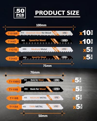 50PCS T Shank Jigsaw Blades Set - BGTEC HCS/HSS Jig Saw Blades for Wood, Plastic and Metal Cutting(T119B*5-T119BO*5-T101BR*10-T144D*10-T244D*5) - Thumbnail 2