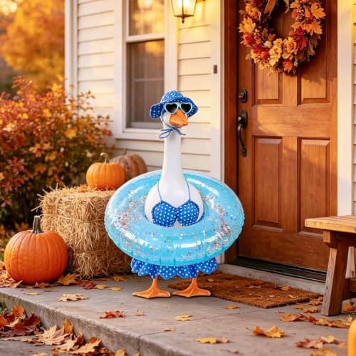 yuboo Hawaiian Porch Goose Outfits, 5 Pcs Summer Bikini Goose Outfit Fits 23 Inch Goose Statue with Sunglasses, Swimming Ring, Hat and Skirt for Pool Party Cement Garden Yard Decor - Image 1