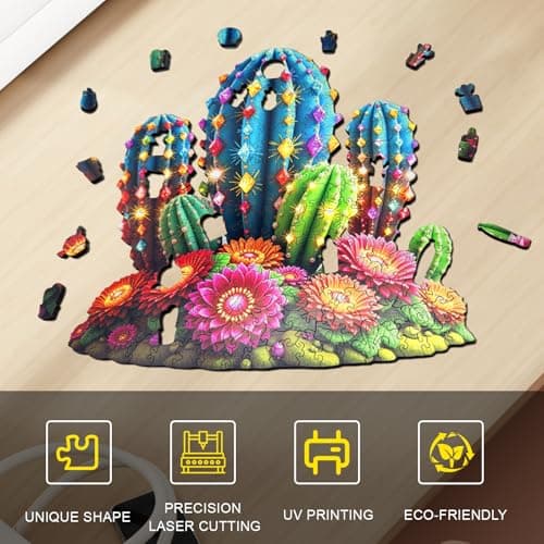 Wooden Puzzles for Adults, Glowing Cactus Flower Wooden Jigsaw Puzzle 200 Pieces, Unique Shaped Wooden Puzzle, Creative Gift for Mom Friends Kids Family Game Night Home Decor 10.3 * 11in - Thumbnail 5