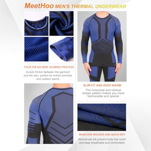 MeetHoo Mens Thermal Underwear Set Fleece Lined Base Layer Sports Long Johns Winter Gear Running Skiing Blue - Thumbnail 4