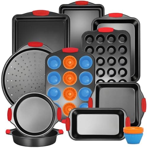 Ymiton Baking Pans Set with Silicone Handles, 34 PCS Nonstick Bakeware Sets, Oven Pan Set Includes Baking Tray, Cookie Sheet, Cake Pans, Loaf Pan, Muffin Pan, Pizza Pan - Image 1