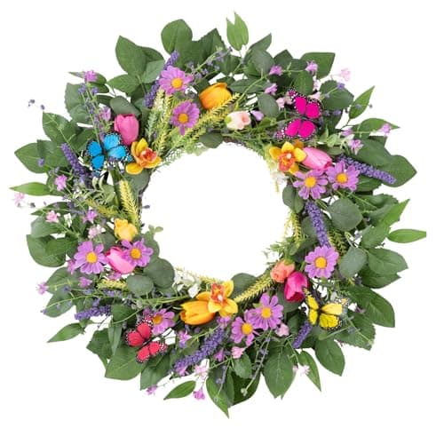 U'Artlines 22 Inch Tulip Wreath for Front Door, Spring Summer Silk Wreath with Green Leaves Colorful Butterfly Artificial Tulip Flower Wreaths for All Seasons Window Wall Wedding Valentines Day Decor